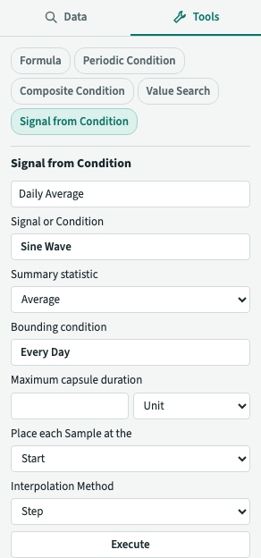 The Signal from Condition Tool configured for an average at the start of each daily Capsule.