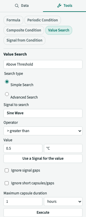 The Value Search Tool configured for Signal values above 0.5 °C.